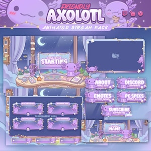 May include: A digital stream pack featuring a purple axolotl theme with various overlays, including a stream starting screen, webcam frame, and information panels. The graphics display text such as Friendly Axolotl, Stream is Starting, About, Discord, Emotes, PC Specs, and Subscribe.