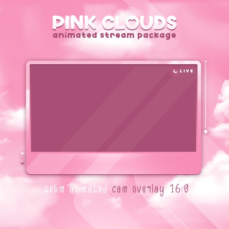 May include: Pink animated stream overlay with a pink and white cloud background. The overlay has a pink border and a "LIVE" label in the top right corner. The text "webm animated cam overlay 16:9" is at the bottom of the overlay.