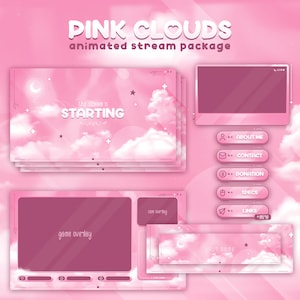 May include: Pink cloud themed animated stream package for Twitch or YouTube. The package includes a starting screen, game overlay, camera overlay, social media links, and a banner. The text "PINK CLOUDS" and "animated stream package" is at the top of the image. The text "the stream is STARTING" is on the starting screen. The text "game overlay" is on the game overlay. The text "cam overlay" is on the camera overlay. The text "your name" is on the banner. The text "ABOUT ME", "CONTACT", "DONATION", "SPECS", and "LINKS" are on the social media links. The text "+m018" is on the LINKS button.