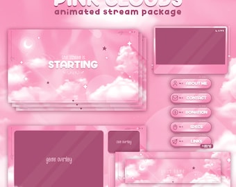 Pink Clouds Premium Animated Stream Package | Stream Overlays, Panels, Alerts, Intermission, Cam Overlay, Screens | Twitch, Youtube, Kick