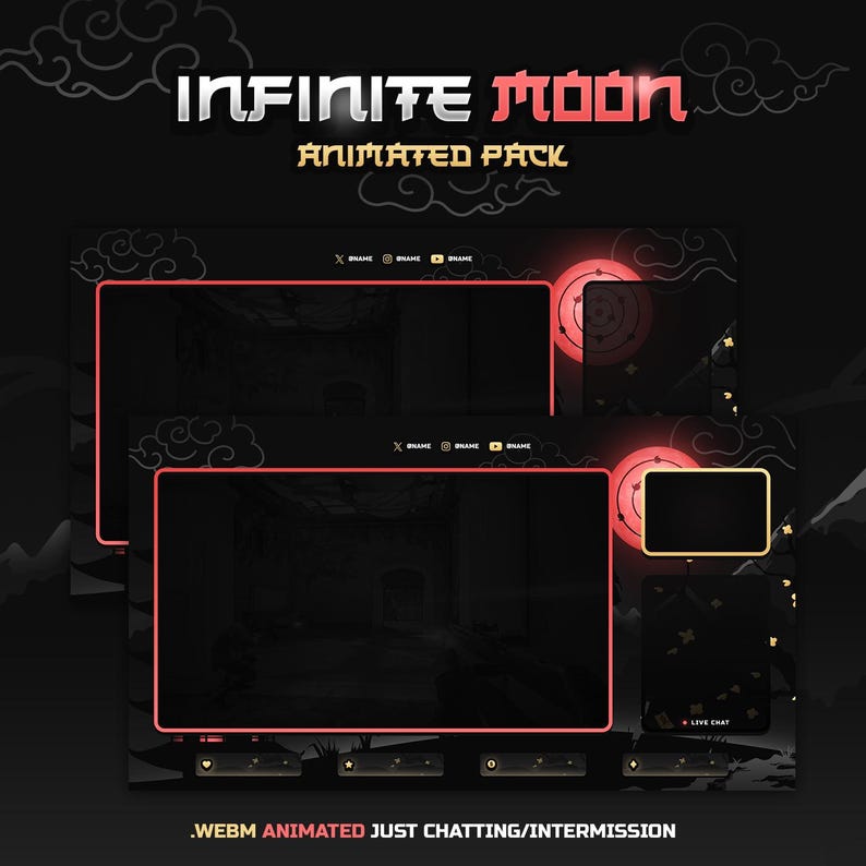 May include: A black and red animated Twitch stream overlay with the text "Infinite Moon Animated Pack" and "WEBM ANIMATED JUST CHATTING/INTERMISSION".