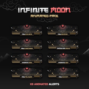 May include: A set of eight animated Twitch alerts with a dark background and gold accents. The alerts feature different icons and text, including "New Bits-Dono", "New Donation", "New Subscriber", "Thanks for Resub", "Incoming Raid", "Incoming Host", "New Follower", and "New Sub-Gift".