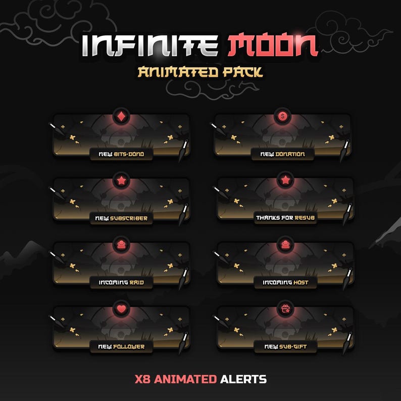 May include: A set of eight animated Twitch alerts with a dark background and gold accents. The alerts feature different icons and text, including "New Bits-Dono", "New Donation", "New Subscriber", "Thanks for Resub", "Incoming Raid", "Incoming Host", "New Follower", and "New Sub-Gift".