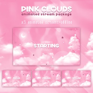 May include: Animated stream package with pink clouds and stars. The text "PINK CLOUDS" is at the top of the image. The text "animated stream package" is below the title. The text "x3 animated screens+offline" is below the subtitle. The text "the stream is STARTING" is in the center of the image. The text "Leback BREAK" is in the top left corner of the image. The text "ENDING" is in the top center of the image. The text "OFFLINE the stream is ending soon" is in the top right corner of the image.