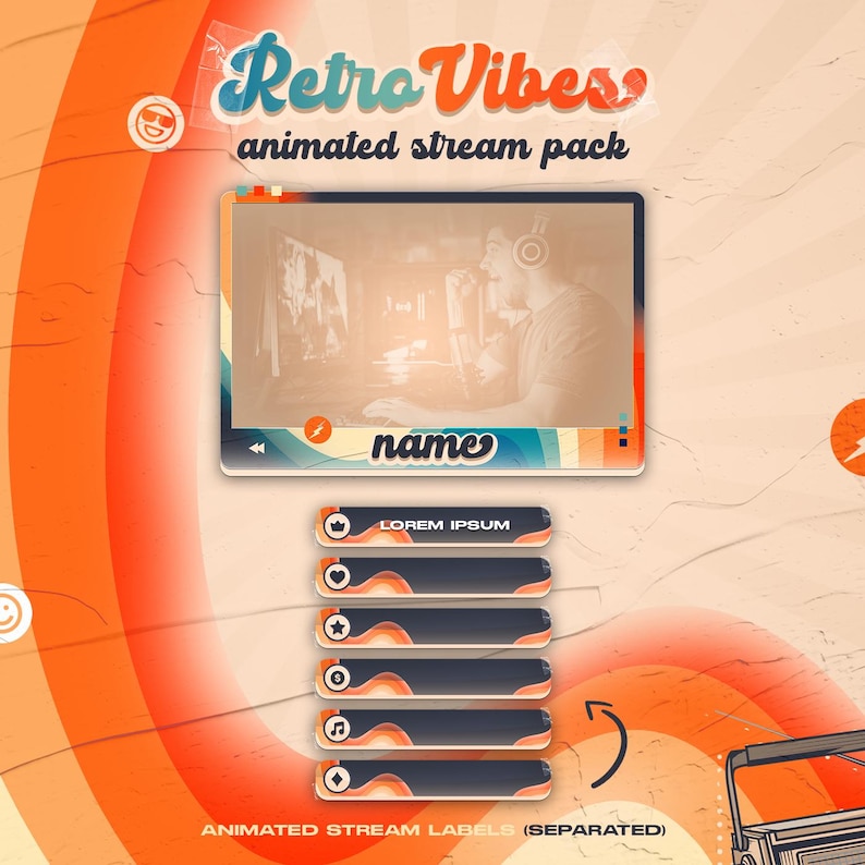 Features Over Stream Retro 80s Animated Stream Package: Twitch, Youtube, Kick, Stream ...