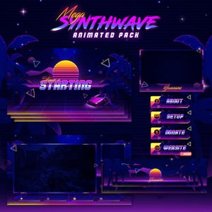 Synthwave Animated Stream Package: Twitch, YouTube, Kick, Stream Overlays, Panels, Alerts, Cam Overlay