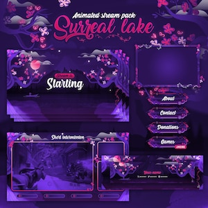 Puede incluir: Paquete de transmisión animado morado y rosa con un tema floral. El paquete incluye una pantalla de inicio, una pantalla de intermisión corta, un cuadro de chat y botones para acerca de, contacto, donaciones, juegos y más. El texto "Surreal Lake" aparece en una fuente grande y estilizada.