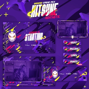 Kitsune Animated Stream Package: Twitch, YouTube, Kick, Stream Overlays, Panels, Alerts, Cam Overlay