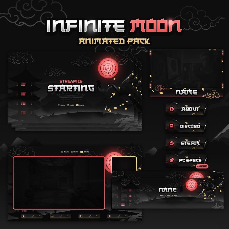 May include: Animated Twitch stream overlay pack with a black background, red and gold accents, and a moon design. The text "INFINITE MOON ANIMATED PACK" is at the top of the overlay. The text "STREAM IS STARTING" is in the centre of the overlay. The overlay also includes a name panel, about panel, discord panel, steam panel, and PC specs panel.