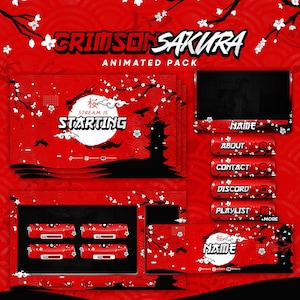 Puede incluir: Paquete de superposición de Twitch animado con un fondo rojo y flores de cerezo blancas. El texto "CRIMSONSAKURA ANIMATED PACK" está en la parte superior de la imagen. La superposición incluye una pantalla de inicio inminente, un cuadro de chat, una placa de nombre y otros paneles.