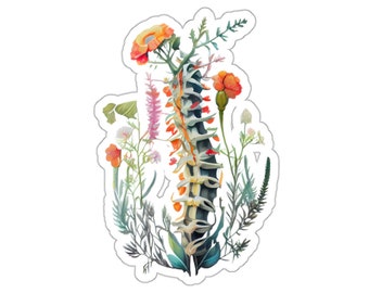Könnte beinhalten: Ein Aufkleber mit einer Aquarellillustration einer Wirbelsäule, die mit bunten Blumen und Blättern verflochten ist. Die Wirbelsäule ist in Weiß-, Grau- und Schwarztönen dargestellt, mit leuchtend orangefarbenen, roten und rosa Blumen und grünen Blättern.