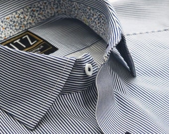 Men&#39;s Non-Iron Pin Stripe Shirt: White & Dark Blue Herringbone Cotton