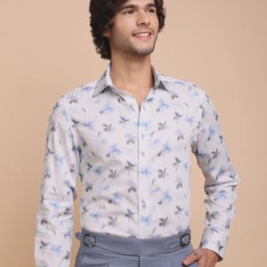 Men’s shirt/ Business shirt/ Casual Shirt/ Dress Shirt/ Designer Luxury Shirt/ Blue and Grey Bloom in White Pure Cotton Shirt