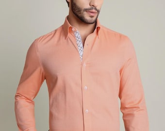 Camisa de algodón con tejido dobby para hombre: Camisa de vestir sin planchado con detalles en contraste
