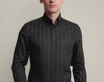 Camisa negra de raya diplomática con tejido de canasta: 100 % algodón, sin planchar