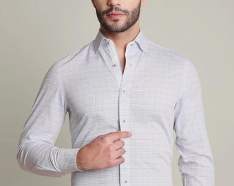 Camisa de algodón a cuadros teñida en hilo para hombre: tejido de sarga, ribete azul cielo