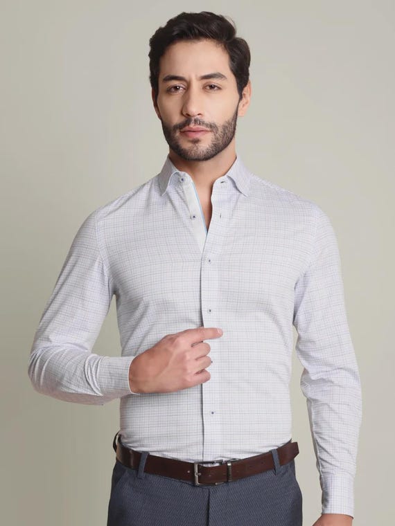 twill weave dress shirt Men's Yarn-Dyed Checkered Cotton Shirt: Twill Weave, Sky Blue Piping
