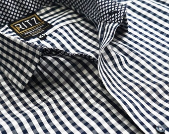 Men&#39;s Designer Shirt: Blue & White Check, 100% Cotton
