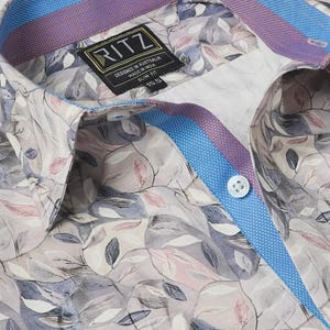 Men&#39;s Cotton Shirt: Abstract Leaf Print, Lavender-Blue Accents