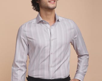 Camisa de algodón dobby a rayas color lavanda para hombre, sin planchado