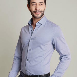 Men&#39;s Stretch Cotton Dress Shirt: Blue & White Pinstripe, Non-Iron