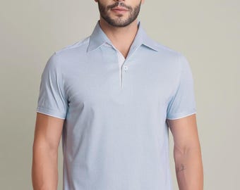 Handmade Sky Blue Cotton Polo Shirt: One-Piece Collar Design
