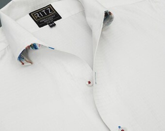 Camisa blanca de mezcla de algodón para hombre: cuello de satén crepé japonés, tejido a cuadros