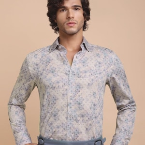 Men’s shirt/ Business shirt/ Casual Shirt/ Dress Shirt/ Designer Luxury Shirt/ Vintage Vibes Beige Base - Porcelain Bleu Pure Cotton Shirt