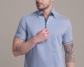 Polo de algodón hecho a mano: cuello de una pieza a rayas azul rey