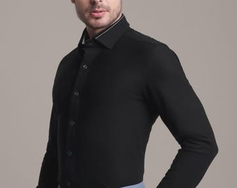 Men's Black Cotton Stretch Shirt: Slim Fit, Non-Iron
