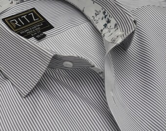 Non-Iron Gray and White Fine Stripe 100% Cotton Shirt