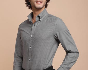 Camisa de algodón con estampado pata de gallo para hombre, sin planchado, de sarga