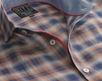 Camisa de cáñamo 100 % para hombre: diseño a cuadros teñidos en yarda