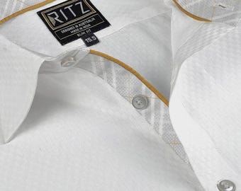 Camisa de vestir blanca dobby para hombre: ribetes en contraste, moda sostenible