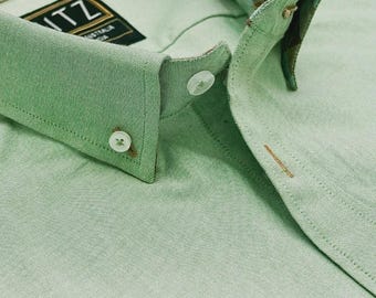 Chemise Oxford vert olive clair faite main : coton de luxe boutonné