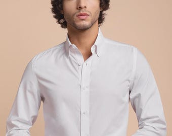 Camisa de vestir blanca de algodón puro de lujo: raya diplomática del mismo tejido, hecha a mano
