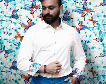 Men's White Cotton Twill Shirt: Butterfly Print Crepe Satin Collar & Cuffs