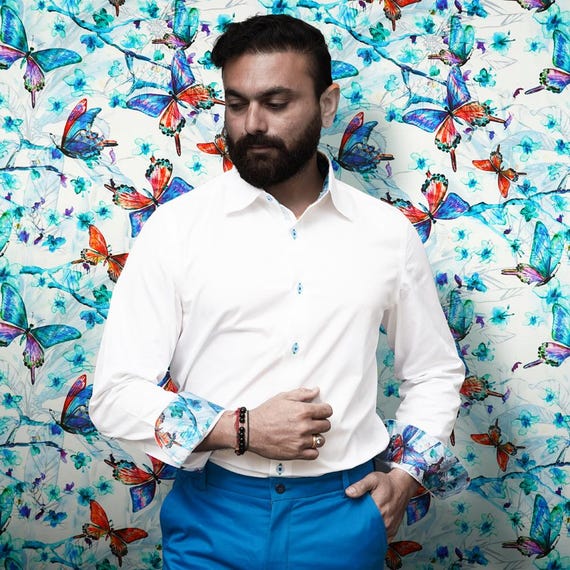 mens butterfly dress shirt Men's White Cotton Twill Shirt: Butterfly Print Crepe Satin Collar & Cuffs