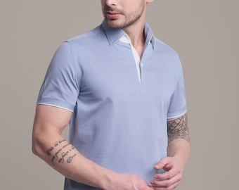 Polo de algodón hecho a mano: cuello de una pieza, polo elegante azul a rayas