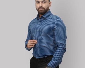 Men&#39;s Gingham Check Shirt: Handcrafted 100% Cotton Dress Shirt