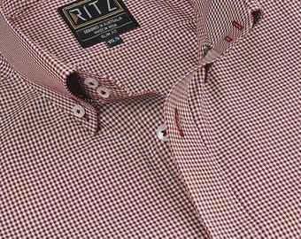 Camisa de sarga de algodón sin plancha: Camisa de vestir de pata de gallo color granate