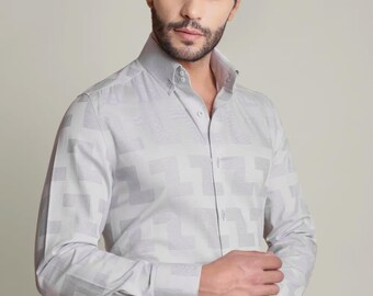 Camisa de algodón azul cielo para hombre: Camisa de vestir con estampado propio