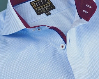 Camisa de algodón con tejido de nido de abeja que no necesita planchado: Camisa de vestir de negocios azul hielo