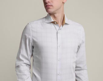 Camisa de algodón gris con tejido de cesta para hombre: cuello Winchester y cuadrícula dorada