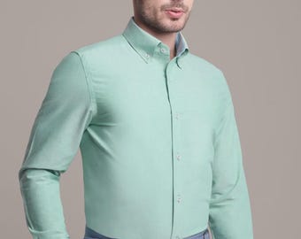 Chemise Oxford verte pour homme : col boutonné en coton fait main
