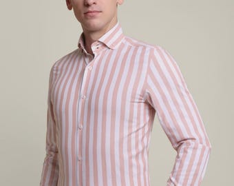 Camisa de vestir de algodón para hombre sin planchado: tejido de sarga con rayas llamativas