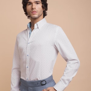 Men&#39;s White Satin Weave Shirt: Diamond Print Cotton Dress Shirt