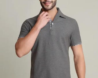 Polo de una pieza color gris pizarra con cuello - Camiseta polo elegante de algodón hecha a mano
