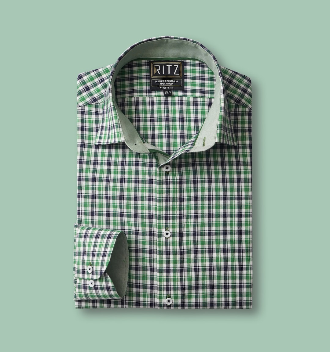 Olive Green, Navy Blue and White Checked 100 Cotton Shirt With