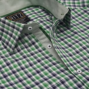 Men&#39;s Olive Green Checked Cotton Shirt: Slim Fit Business Casual